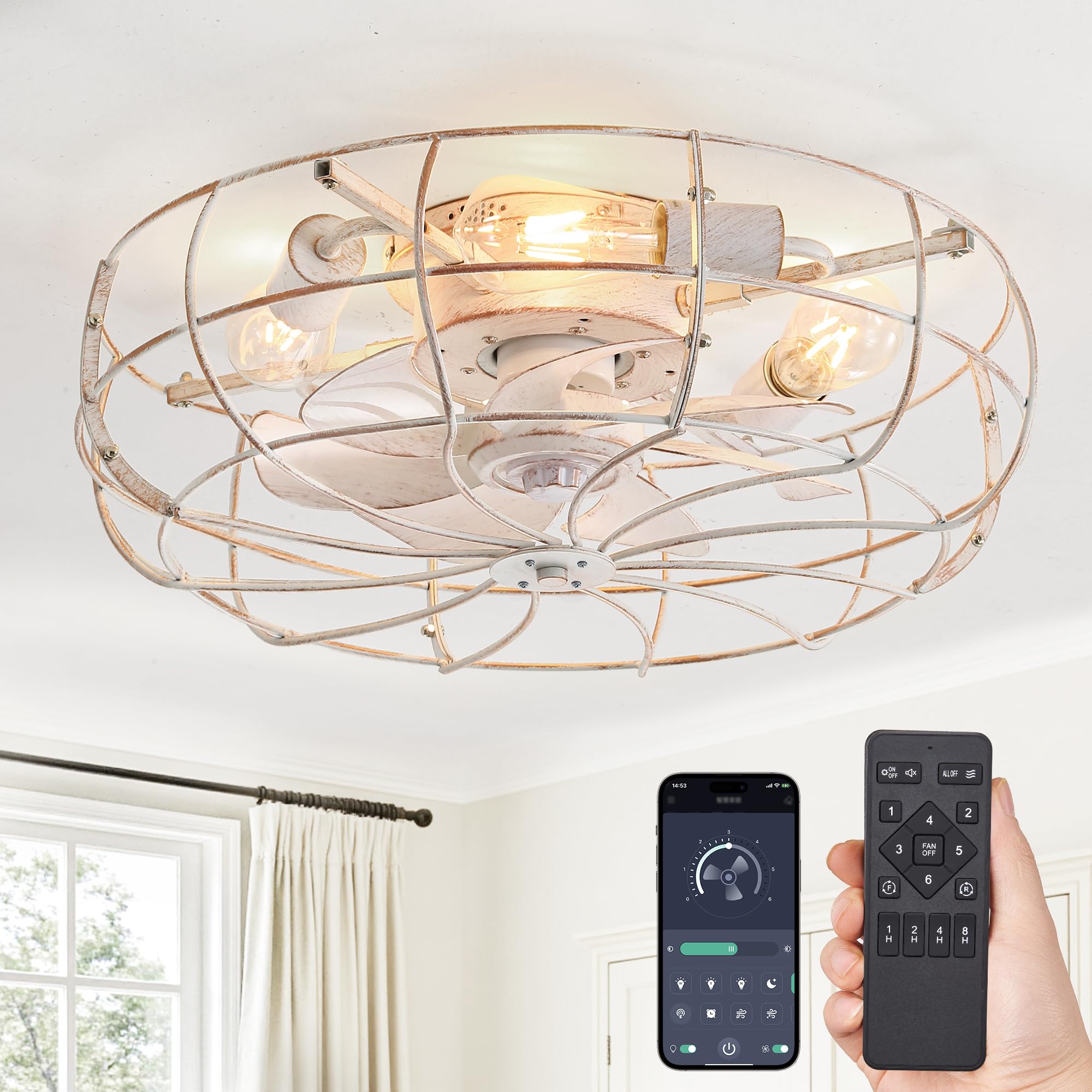 Photo 1 of ***(MISSING PIECES)***LEDIARY 20" Caged Ceiling Fans with Lights, White Flush Mount Low Profile Ceiling Fan with Remote, Small Modern Farmhouse Industrial Ceiling Fan with Light for Bedroom, Kitchen, Dining Room, Indoor