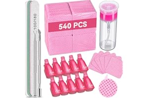 TsMADDTs Gel Nail Polish Remover Tools Kit with 540 Lint Free Wipes, 10 Soak Off Clips, 100ml Nail Polish Remover Bottle, Cuticle Pusher/Peeler, File, Buffer Block