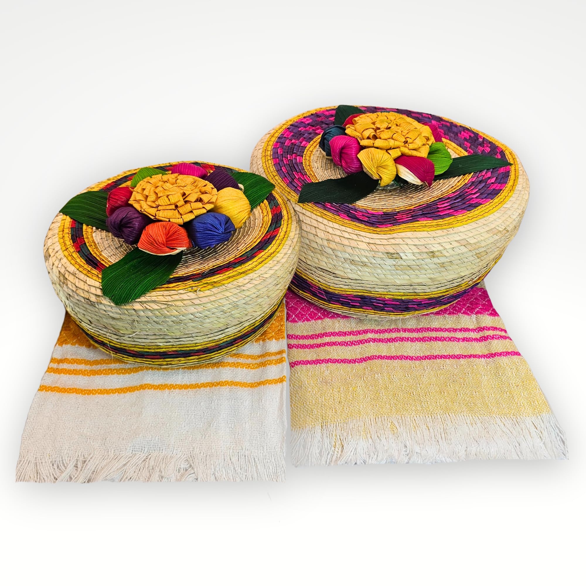 Jacq & Jürgen - Handwoven Basket & Tortilla Cloths - 2 Pack Multicolor Medium and Large Floral Bundle - 100% Palm Mexican Art