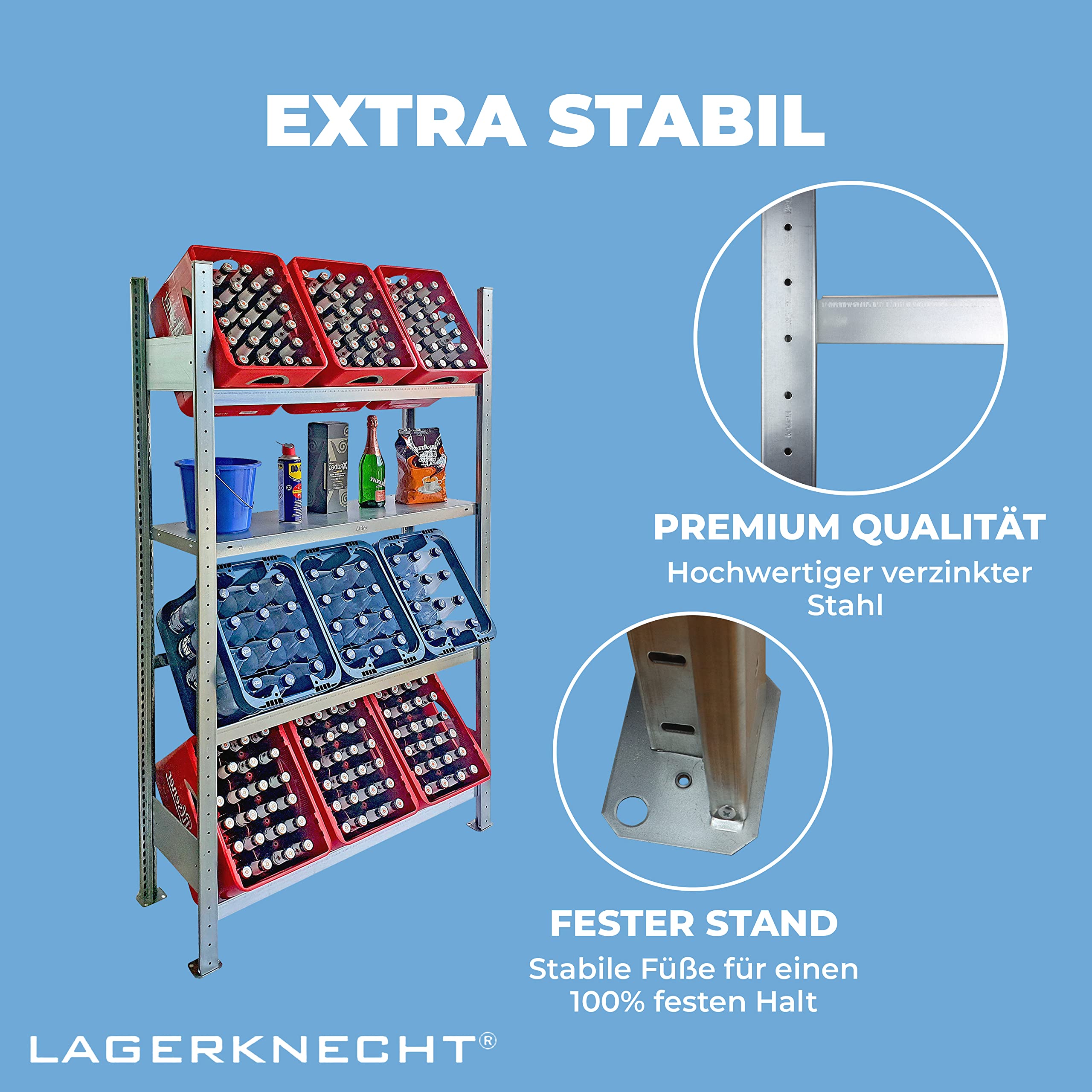 Lagerknecht Getränkekistenregal 9 Kisten Made in Germany professionelle Ordnung für Kisten Regal für Getränkekisten mit Regalboden, Getränkeregal, Wasserkistenregal, Bierkistenregal 5
