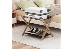 Smuxee Walnut Bamboo Luggage Rack for Guest Room, Foldable Suitcase Stand with Storage Shelf, Easily Assembled Luggage Stand with 5 Nylon Straps for Guest Room Bedroom Hotel