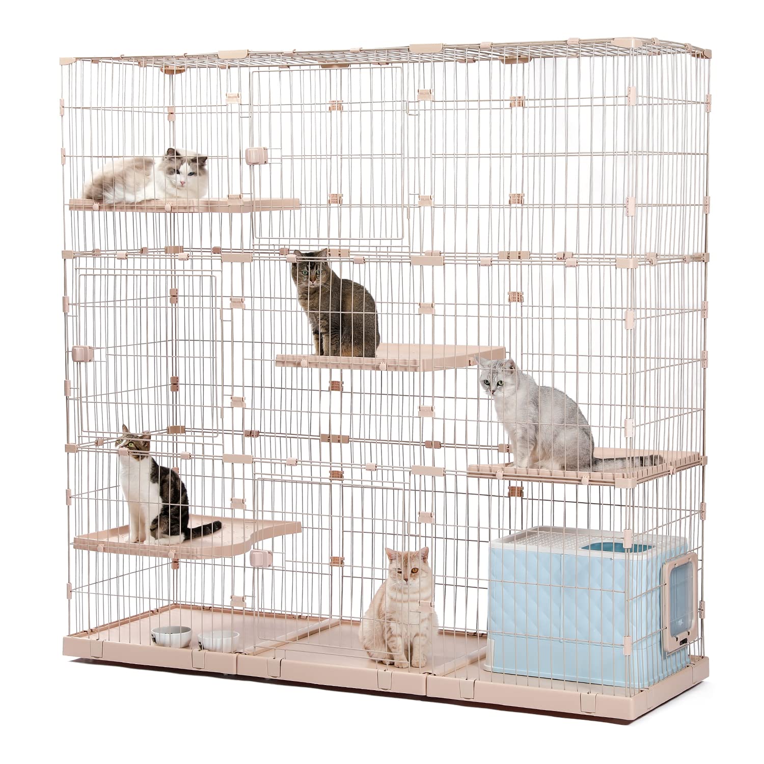 PETEPELA(ぺテぺラ) 猫 ケージ 大型 3段 広い 2段 多頭飼い キャットケージ 多頭用 キャスター ローラー 大きい 増やせる ワイド ケージセット メインクーン ラグドール 組み立て簡単 足場 室内飼い 奥行60 - XL ベージュ 187*62.5*184.5cm商品画像