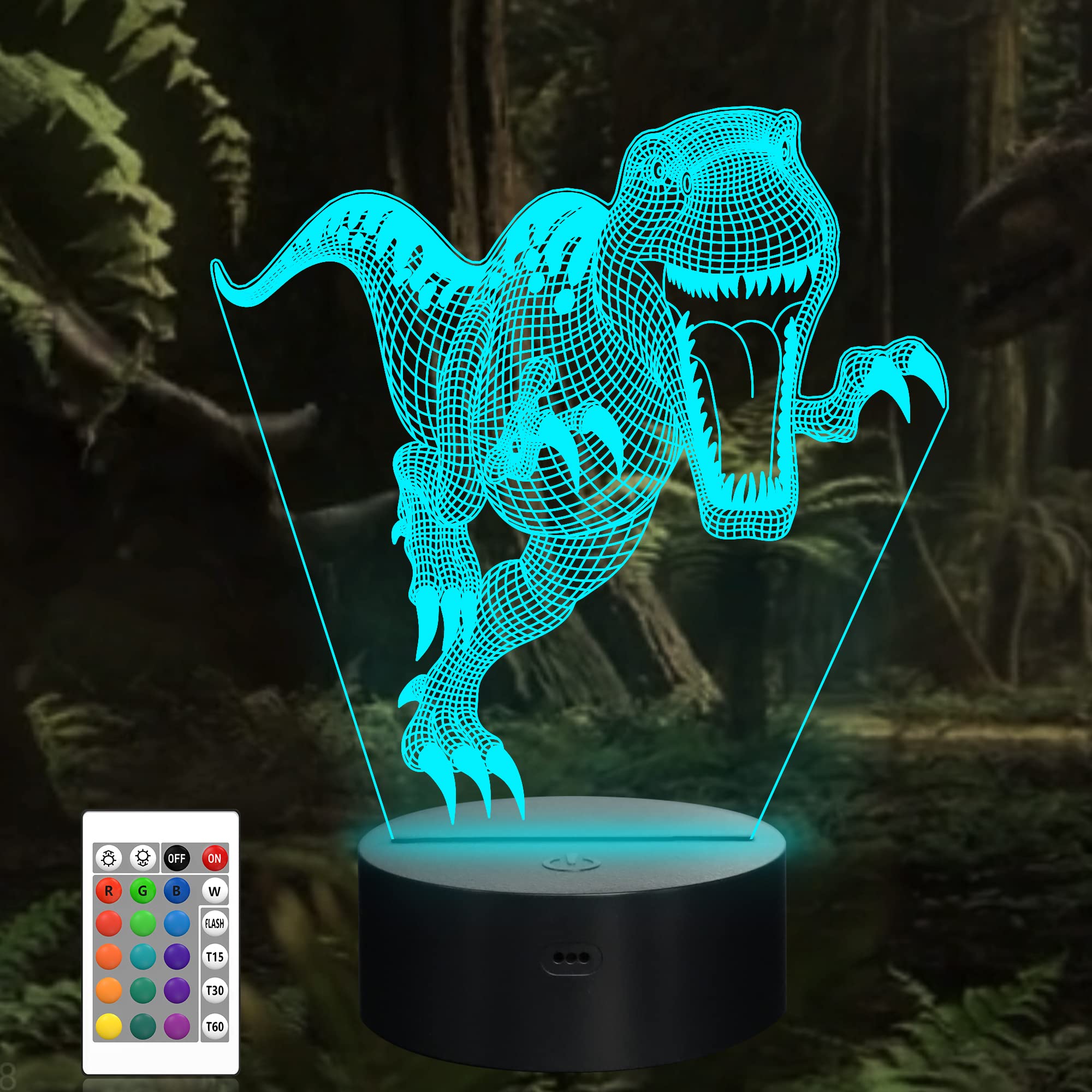 CooPark Dinosaur Bedside Lamp, T-rex 3D Illusion Hologram Night Light 16 Colors Changing Remote Control Perfect Child's Room Decor Xmas Birthday Gift for Kid Baby Boy