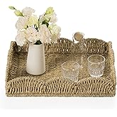 Wicker Tray, Handwoven Woven Tray with Handles and Scalloped Edge, Rectangle Wicker Basket for Home Decor and Organizing, 17.3" L x 13.4" W x 3.6" H