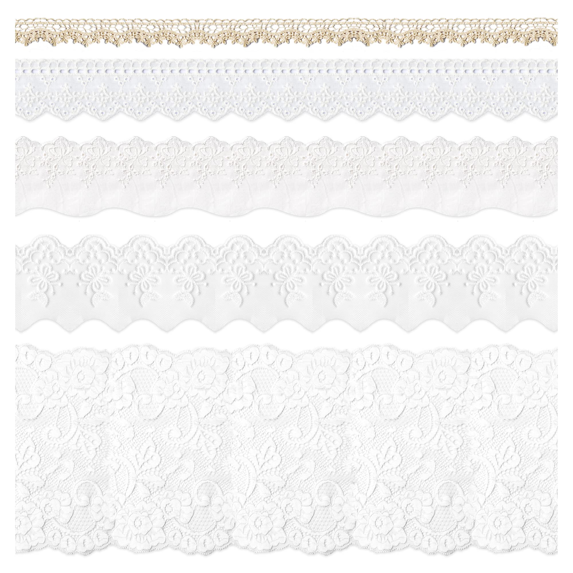 5 Packs Embroidery Lace Trim Premium White Sewing Lace Ribbon Scalloped Cotton Lace Decorative Crochet Trimming 2 Yards x 5 Designs for DIY Sewing Crafting Wrapping Wedding Scrapbooking (Captain)