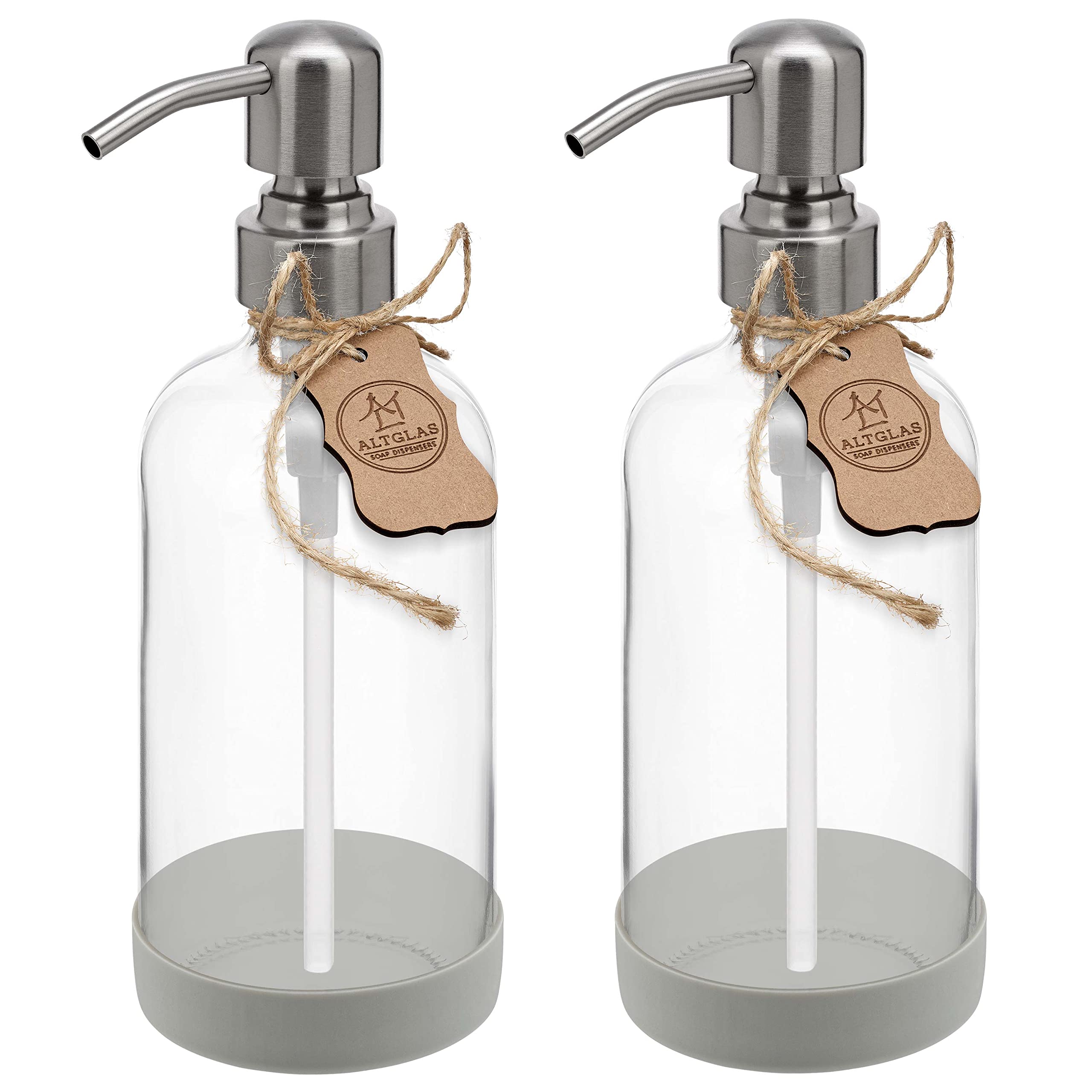ALTGLAS Refillable Glass Soap Dispenser 'Sarajevo' from Clear Bottle with Silicone Coaster and 304 Stainless Steel Pump in Brushed Silver (500ml, Set of 2)