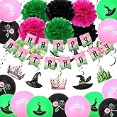 CIEHER 32PCS Pink and Green Party Decoration Set - 2 Happy Birthday Banner, 6 Hanging Swirls, 18 Bllons, 6 Paper Pompoms, Witch Theme Birthday Decorations