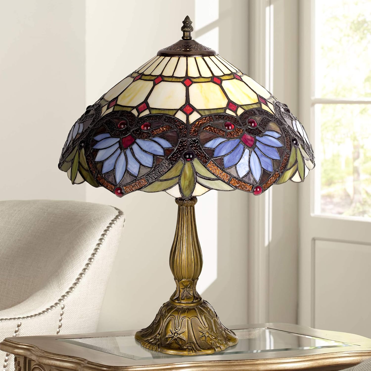 traditional tiffany style accent table lamp metal leaf base heart motif stained antique art glass shade for living room bedroom house bedside