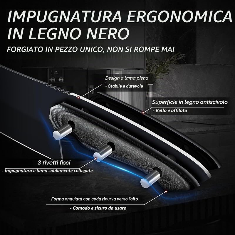 Coltello da Cucina, Coltello da Chef Professionale Adatto per Tagliare Carne, Pesce, Verdura e Frutta, Acciaio Inossidabile ad Alto Tenore di Carbonio, Manico in Legno Ergonomico