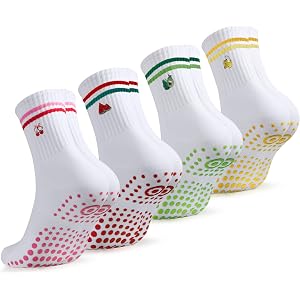 YORJOSOX Pilates Grip Socks for Women Yoga 4 Pairs Women Crew Socks Fruit Embroidery Athletic Barre Workout