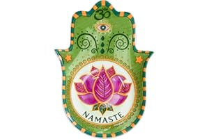 KARMA AND LUCK Budding Protection - 4.5" x 6.5" Namaste Ceramic Hamsa Plate with Lotus,Evil Eye and OM Symbol, Handmade from Southeast Asia, Decorative Plates with Spiritual Protection