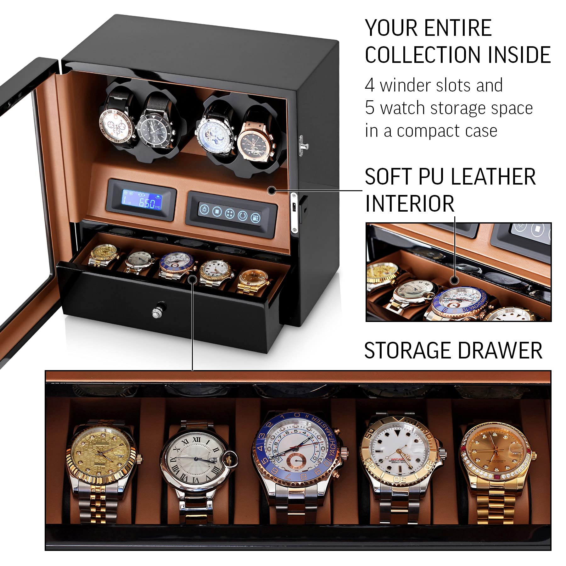 Leader WATCH WINDERS 4 Watch Winder with 5 Watch Storage Space, LCD Display, Touch Control and Interior Light