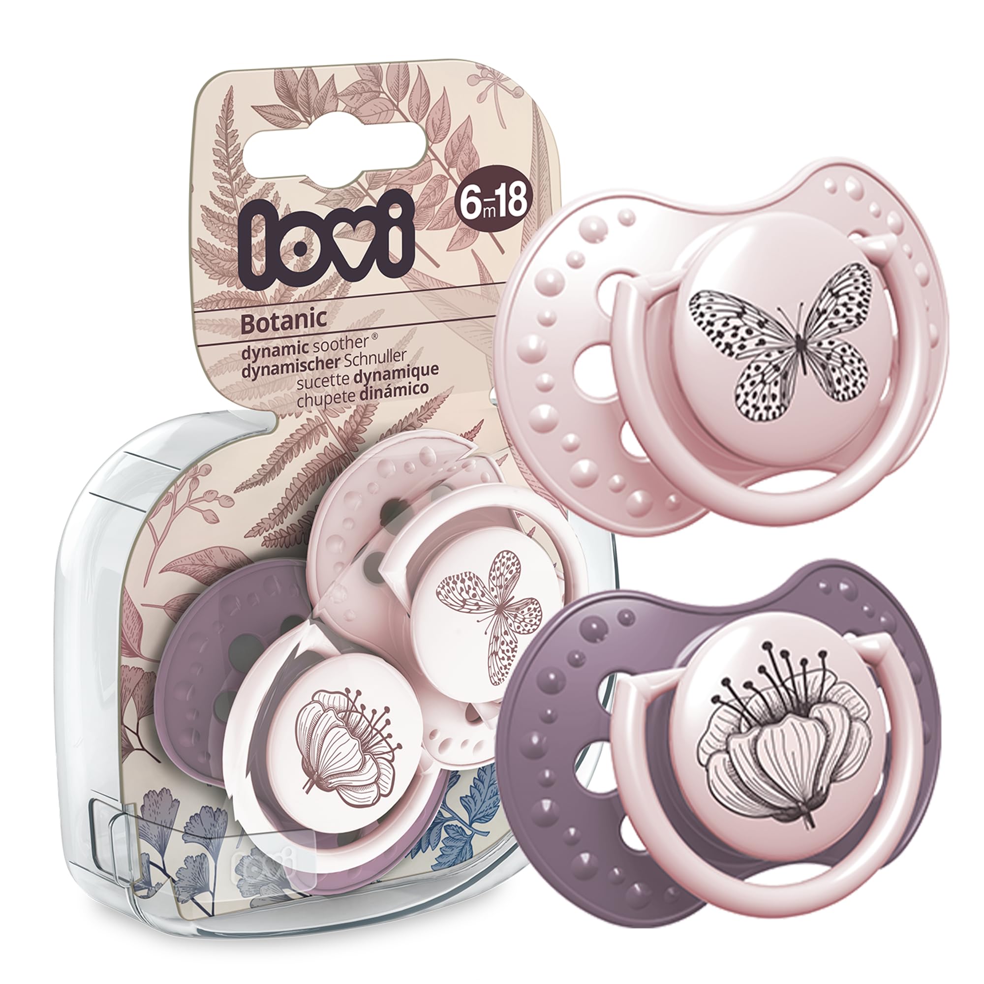 LOVI 2x Baby Silicone Soother 6-18 Months | Pack of 2 | Hygenic Cover | Dynamic Tip | |Enables Free Breathing | Botanic Collection | Pink