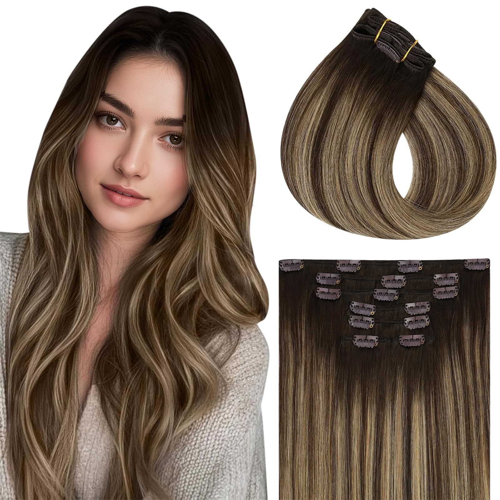 Vivien Balayage Clip in Extensions Real Human Hair 24 Inch Ombre Invisible Hair Extensions Clip ins Brown Balayage Caramel Blonde Smooth 7Pcs 135g #4/27/4