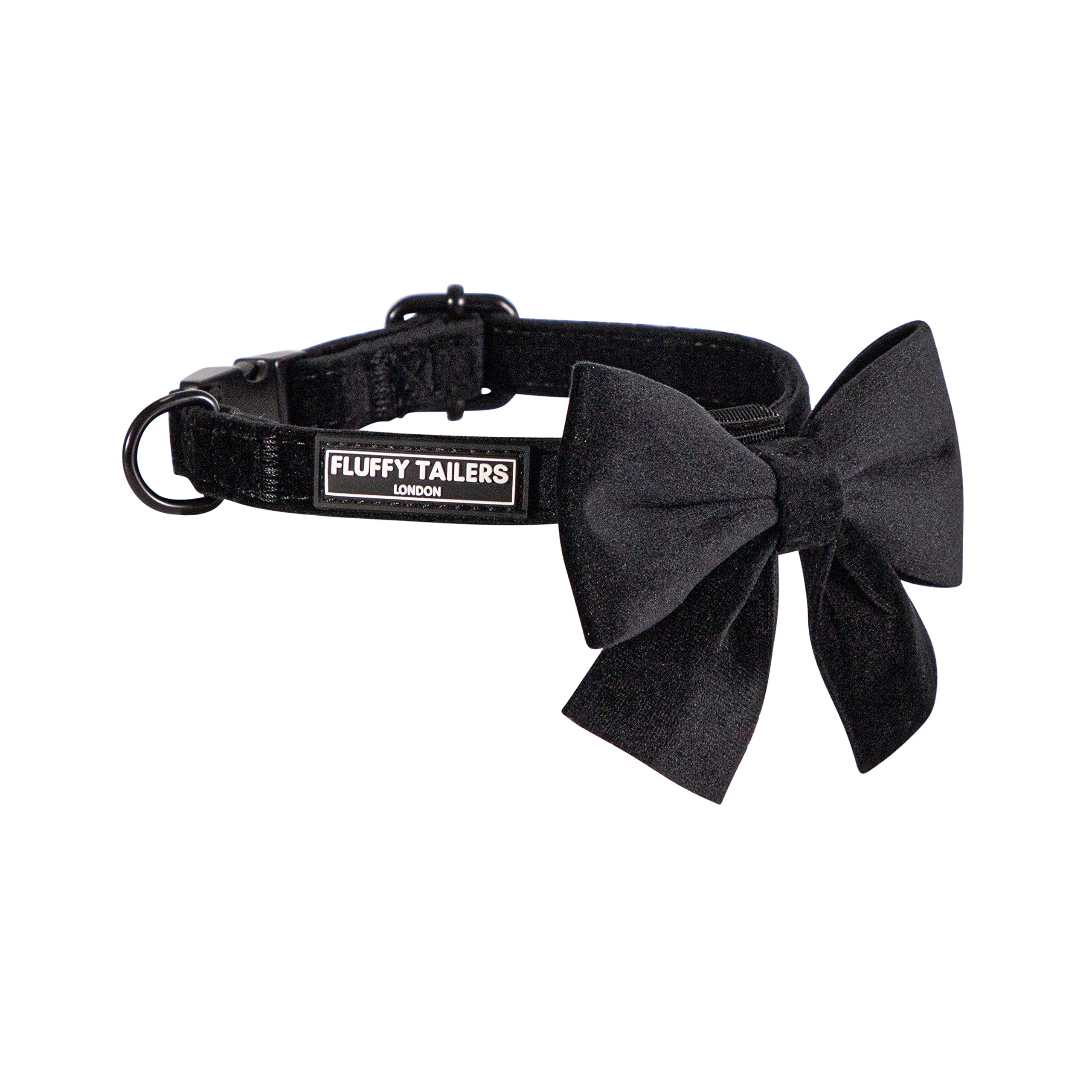Fluffy Tailers Dog Collar Bowtie – Comfortable Luxury Black Velvet Adjustable Dog Collar with Detachable Bow Tie Safety Buckle for Puppy Small Medium Dogs and Cat, Size (Small)