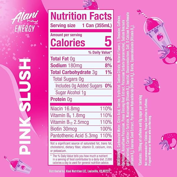 ALANI NU PINK SLUSH, SUGAR FREE, LOW CALORIE ENERGY DRINKS, 200MG CAFFEINE, BIOTIN, B VITAMINS, ZERO SUGAR, 5 CALORIES, 12 FL OZ CANS, 24 PACK