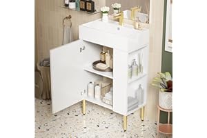 Merax 21.6" Bathroom Vanity with Single Sink, Bathroom Floor Standing Cabinet with Side Storage, Modern Bathroom Vanity with 1 Door and White Ceramic Basin Sink Top, White