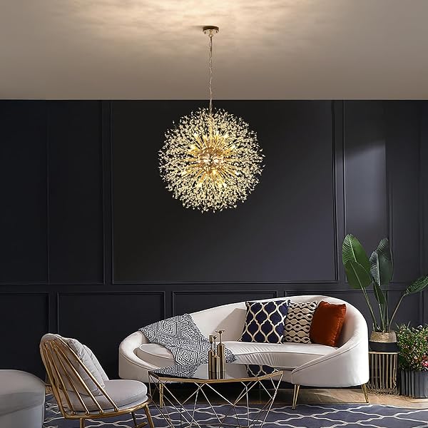 WELLMET FIREWORK CRYATSL CHANDELIER 30 INCH, GOLD FIORE CHANDELIERS MID CENTURY MODERN CONTEMPORARY BRASS CHANDELIER LIGHT FIXTURE FOR DINING ROOM LIVING ROOM BEDROOM HALLWAY ENTRYWAY FOYER