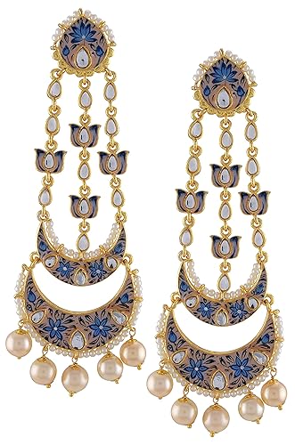 Amrapali Malya Gold Plated Blue Enamelled Lotus Pearl Moon Earrings for Women (BM(EER)17-30)