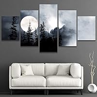 SIGNWIN 5 Panel Canvas Wall Art Full Moon in The Forest for Home Decorations Ready to Hang - 60