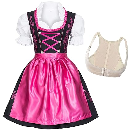 Gaudi-Leathers Dirndl Set 4 TLG. Trachtenkleid schwarz m.filigraner Stickerei pink mit Miederhaken + Büstenhebe BH Push Up, M