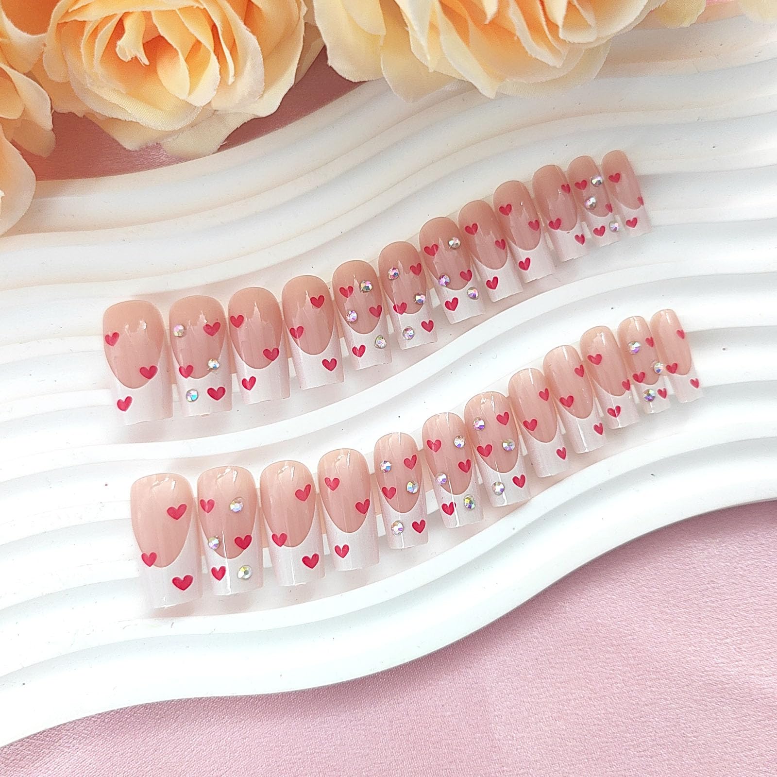 Press on Nails Square Long False Nails with Rhinestones Design Red Heart Glue on Nails Nude Full Cover Fake Nails Press ons Glossy White French Tip for Girls 24Pcs - Image 5