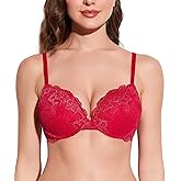 Deyllo Women’s Push Up Lace Bra Comfort Padded Underwire Bra Lift Up Add One Cup