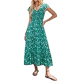 Kate Kasin Women Summer Floral Maxi Dresses 2026, V Neck Smocked Boho Sundress, Flowy Long Beach Vacation Dress with Pockets