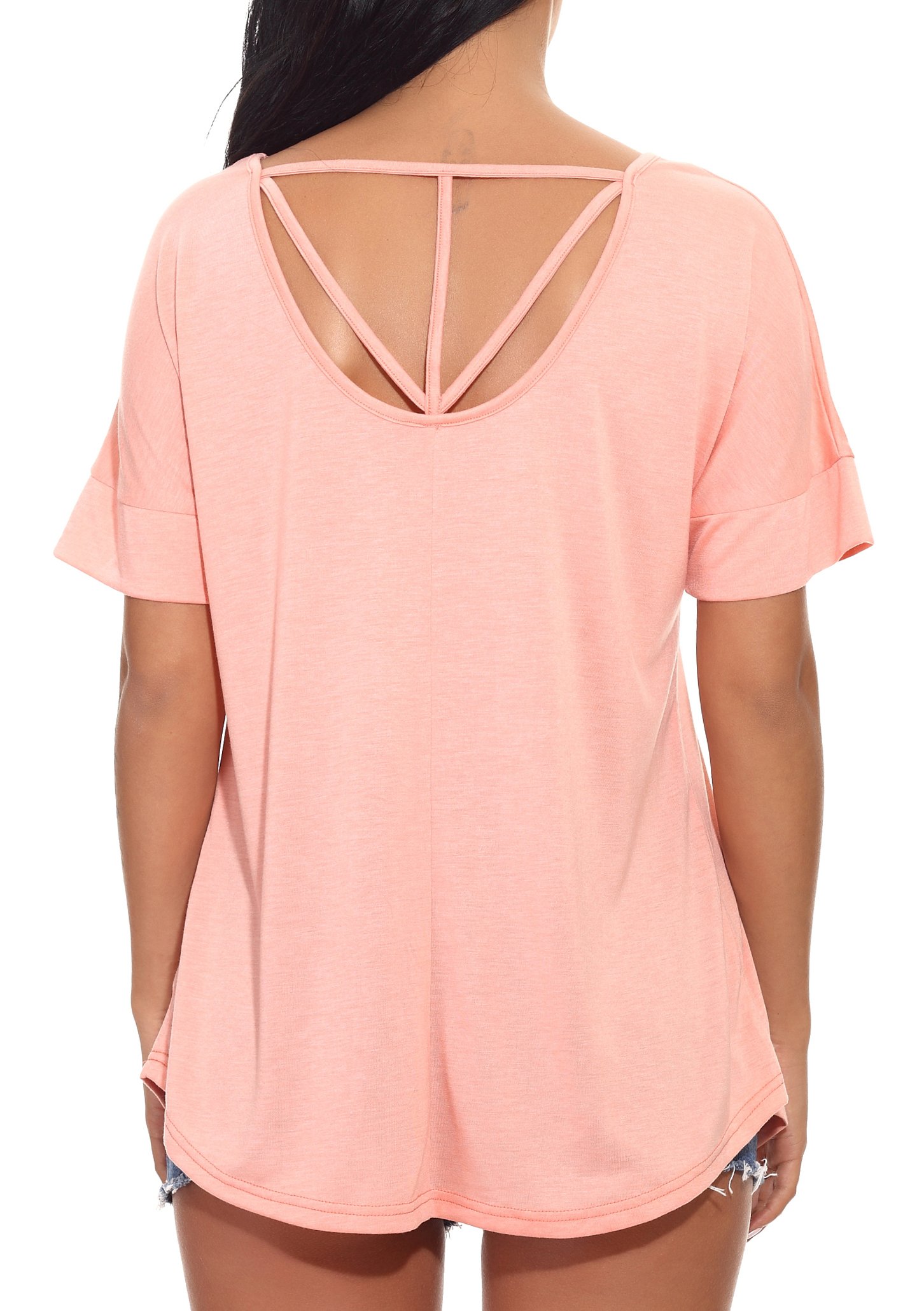 Fronage Women\'s Sexy Backless Short Sleeve Top Casual Loose T-Shirt Tees (Light Pink, M)