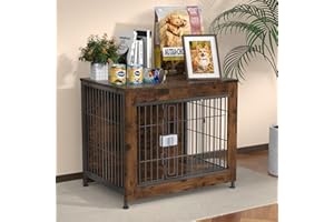 IRONOVACAGE Dog Crate Furniture, 27" Decorative Dog Crates for High Anxiety Dogs, Wooden Dog Kennel with Escape-Proof Lock, Solid Iron Wire Dog Cage End Table for Small/Medium/Large Dogs