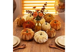 CFDECOR Pumpkins Décor 12pcs Assorted Sizes Artificial Fake Velvet Foam Fabric Pumpkins Decoration for Fall Home Farmhouse Rustic Harvest Thanksgiving Halloween Decoration（Orange, White, Gold