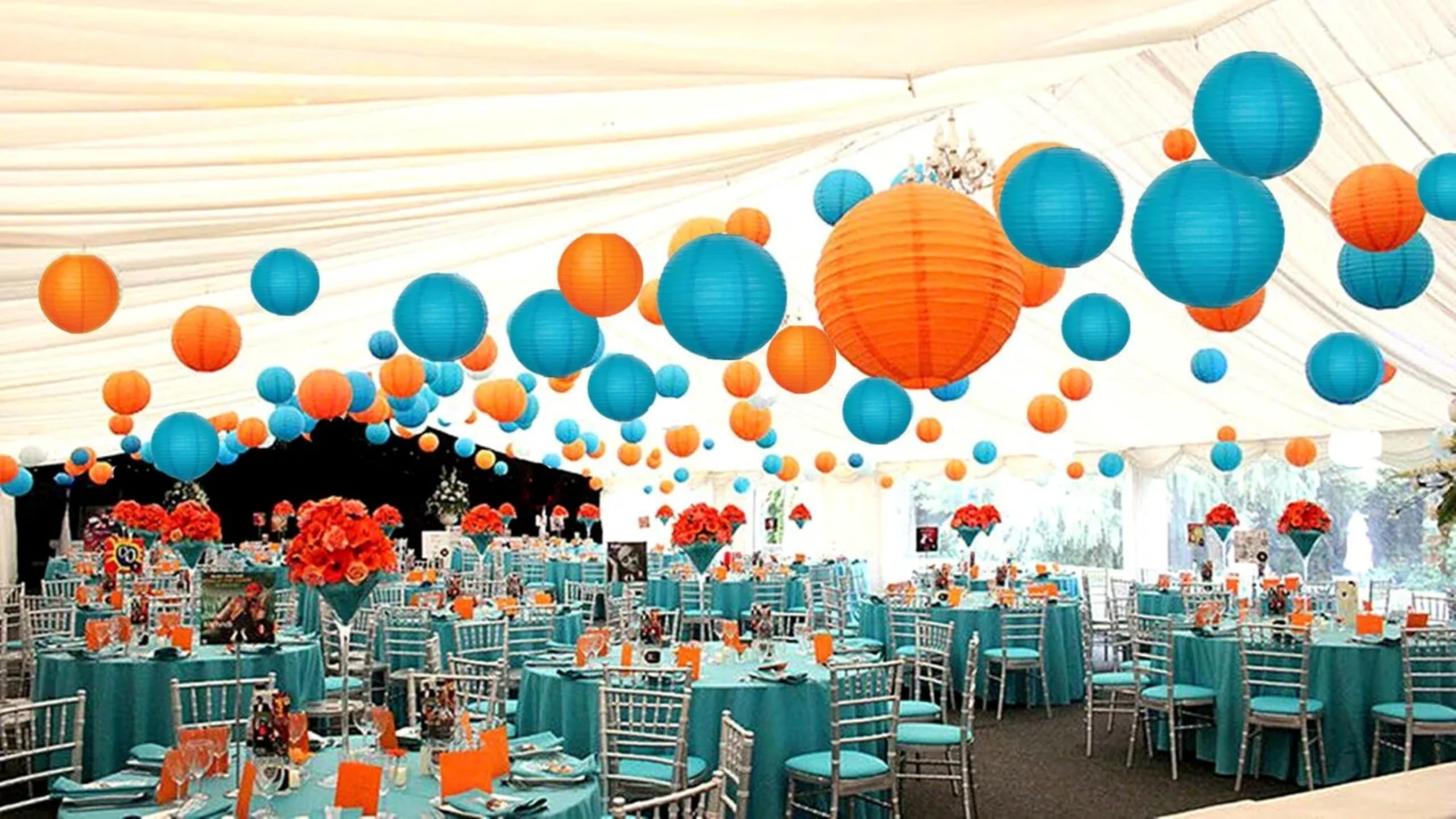 "A Liittle Tree" Mixed SIZE New Round Paper Lanterns Lamp Shade Wedding Birthday Party Events (Blue & Orange, 12(4 x 8" + 4 x 10" + 4 x 12"))