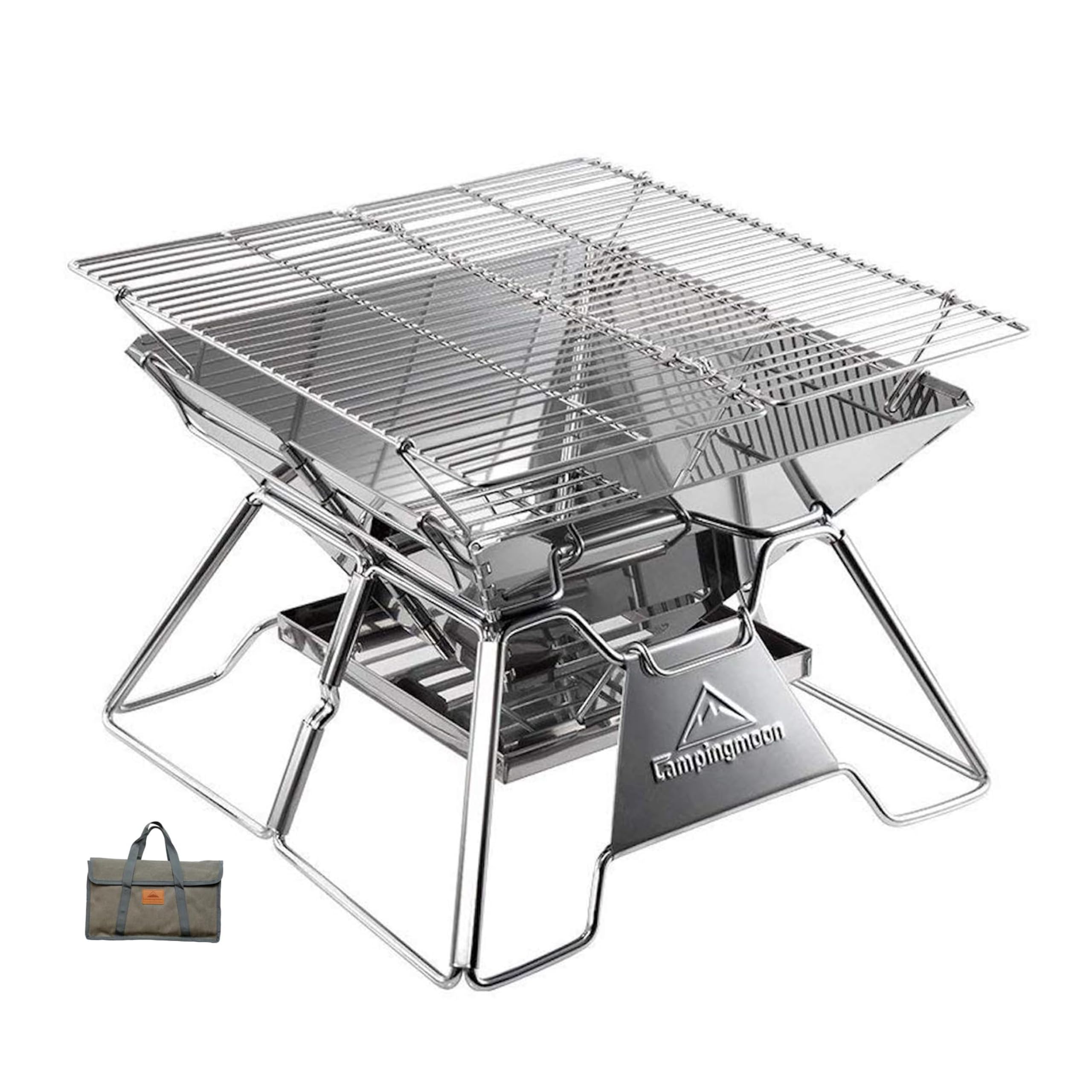Photo 1 of CAMPINGMOON Stainless Steel Foldable Camping Grills Portable Wood Burning Charcoal Grill 14-inch with Carrying Bag MT-2