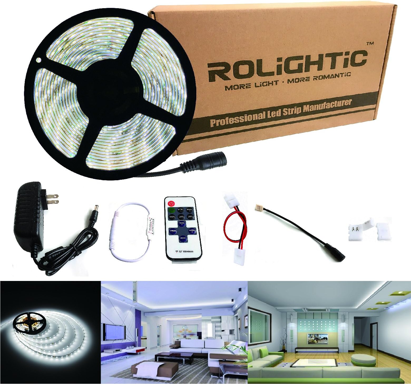 RoLightic LED Strip Light 16.4ft 300leds White 6000K SMD3528 Dimmable Led Cabinet Light with 11key Remote Dimmer & 2A Power Supply for Home Lighting, Kitchen, Indoor Decoration (Pure White Waterproof)