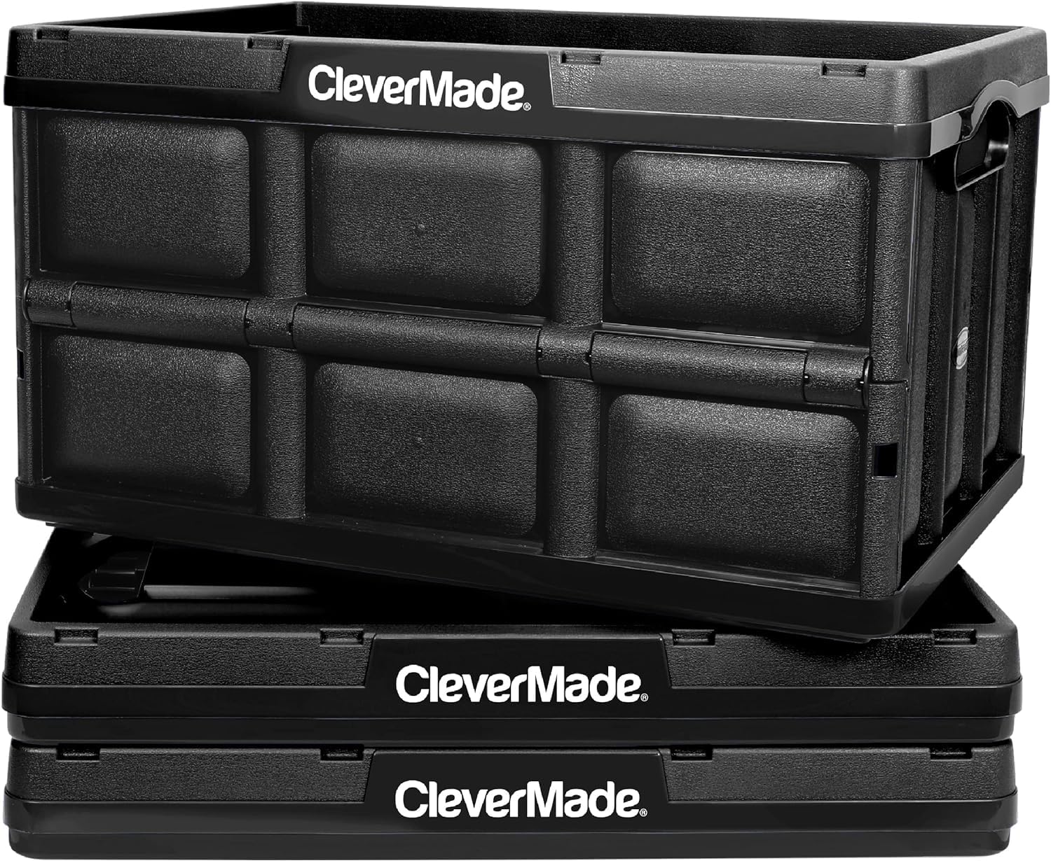 CleverMade Collapsible Storage Bins - Obsidian 3 Pack 46L - Stackable Containers Heavy Duty Capacity Folding Crates - Space-Saving for Home Image