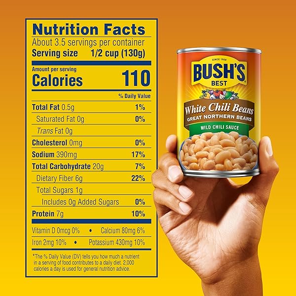 BUSH’S BEST CANNED WHITE CHILI BEANS, SOURCE OF PLANT BASED PROTEIN AND FIBER, LOW FAT, GLUTEN FREE, 15.5 OZ
