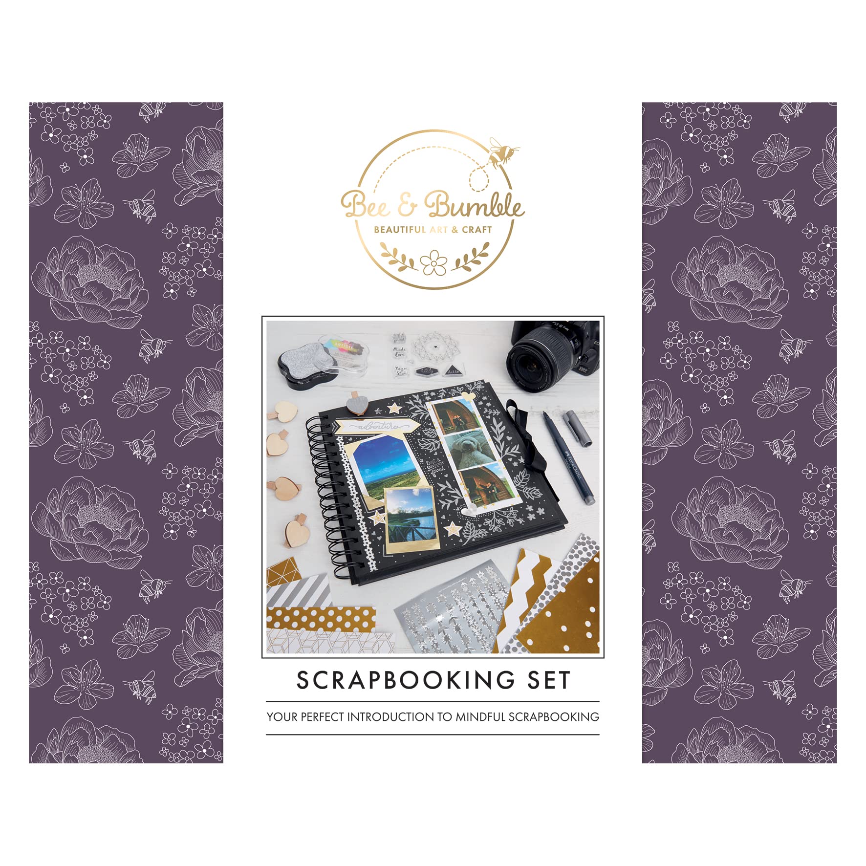 Bee & Bumble Scrapbooking Set - Black, 8x8" Spiral-Bound Scrapbook, 6x6" Paper Pad, Stickers, Craft Tape, Embellishmentd, Pegs, Die-Cut Tags, Glue Stick, Hobby Craft Kit, DIY Crafts, Unique Gift — image 1