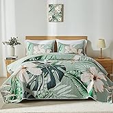 Yogeneg Queen Quilt Bedding Set,White Botanical Pattern Sage Green Full/Queen Quilt Set,3 Piece Lightweight Soft Summer Bedspread Coverlet with 2 PIillow Shams,All Season(Sage Green,90"x96")