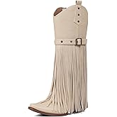 Grakihily Fringe Cowgirl Boots for Women Retro Square Toe Side Zipper Block Chunky Heel Tassel Country Concert Outfits Mid Calf Western Cowboy Boots