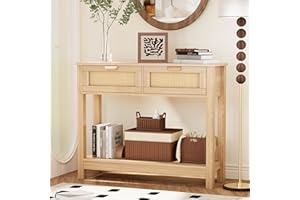 Royal Windsor Rattan Console Table with 2 Drawers, Boho Entryway Table with Storage Open Shelf, Sofa Table Behind Couch Table for Living Room, Entry Table Entrance Table Hallway Table, Natural Wood