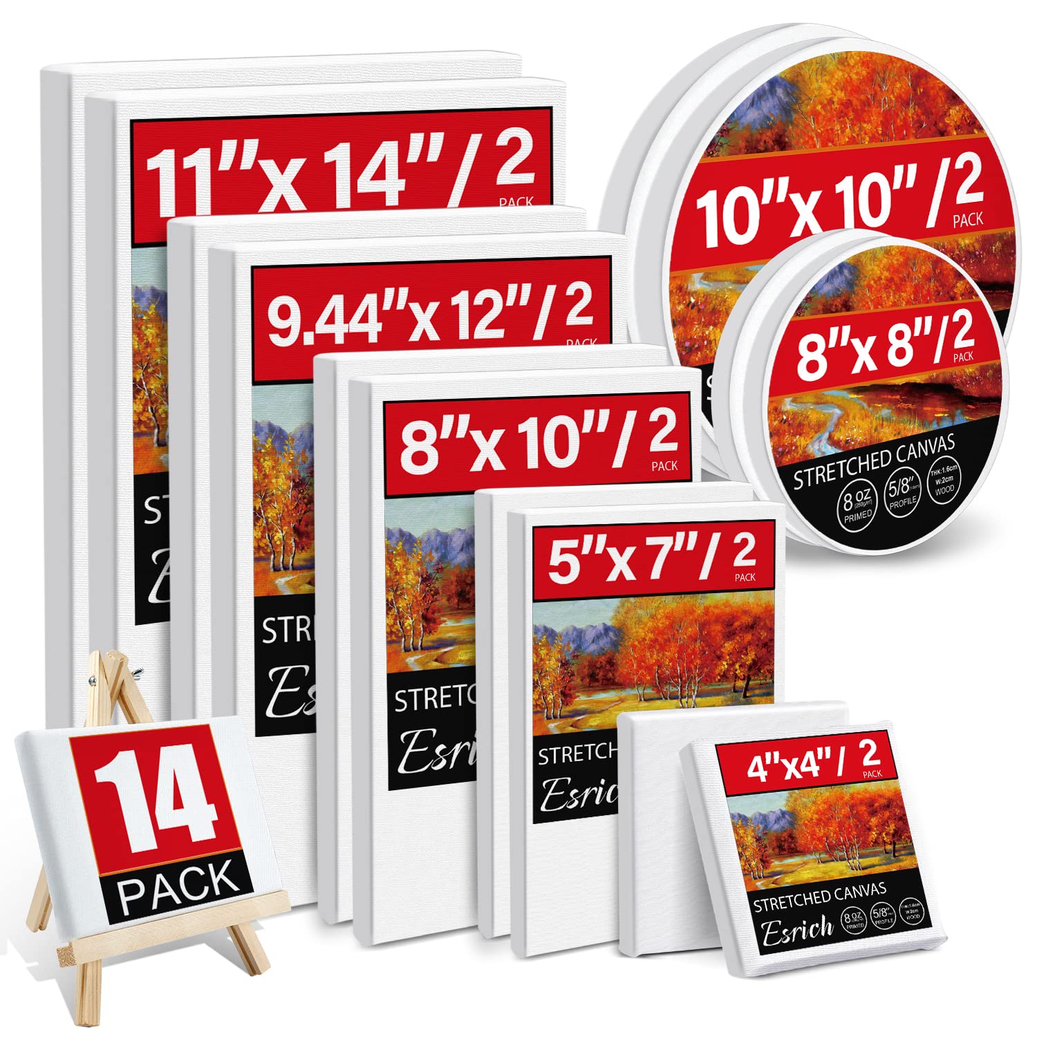 14 Packs Stretched Canvases for PaintingMulti Pack 11x14 9.44x12