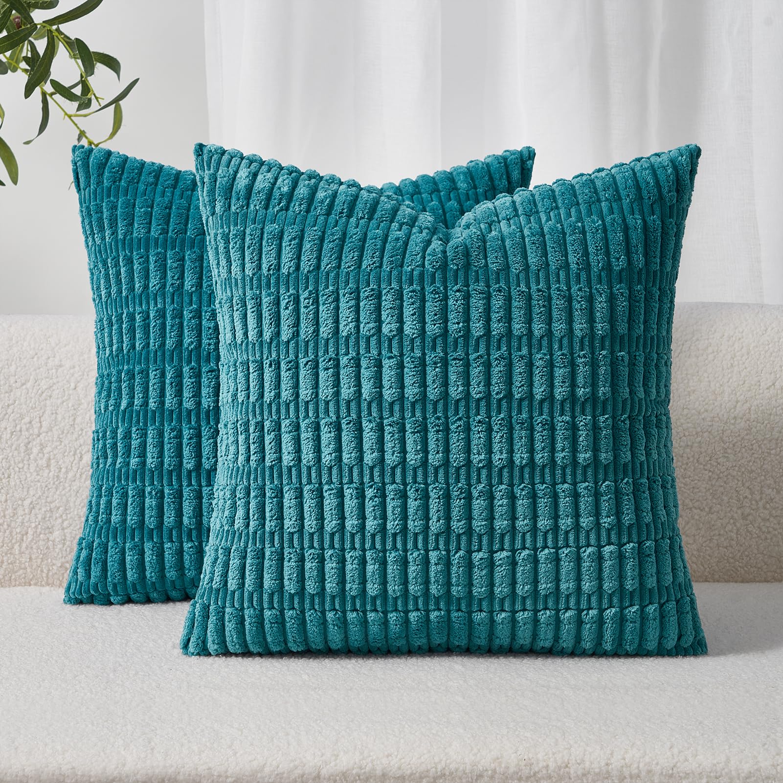 Topfinel Teal Corduroy Cushion Covers 50x50 cm 20x20 Inch Pack of 2 Decorative Throw Pillow Cases with Invisible Zipper Soft Sofa Cushion Covers for Living Room Bedroom Sofa Bed