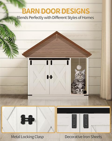 HZUANERI CAT LITTER BOX ENCLOSURE, HIDDEN LITTER BOX CABINET FURNITURE WITH BELL, INDOOR CATS HOUSE, FARMHOUSE STYLE, 31.5 X 19.7 X 20.9INCHES, FOR HALLWAY, BEDROOM, WHITE CB82414B