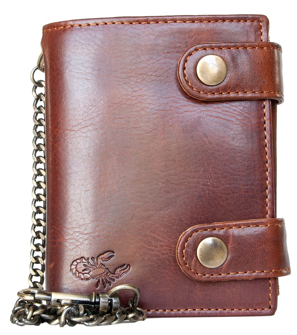FLW Men's RFID Large Genuine Leather Biker's Wallet with Metal Chain to Hang Scorpion Embossed