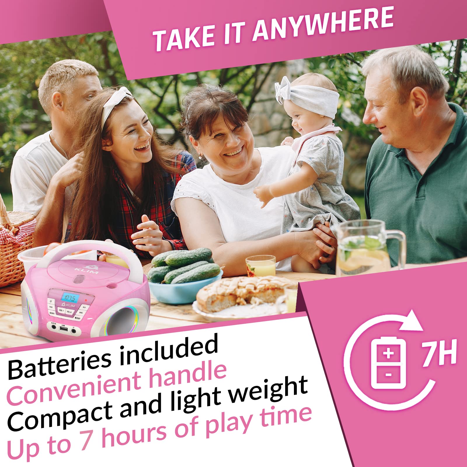 KLIM Candy Kids CD Player for Children - FM Radio - Includes Batteries - Pink - Boombox Portable - CD Player Children - with Speakers, Toddlers (Pink)