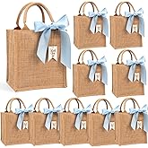 JollyFayre 10 Pack Small Burlap Gift Bags with Blue Ribbons for Bachelorette, Bridesmaid, Wedding Welcome Reusable Jute Tote