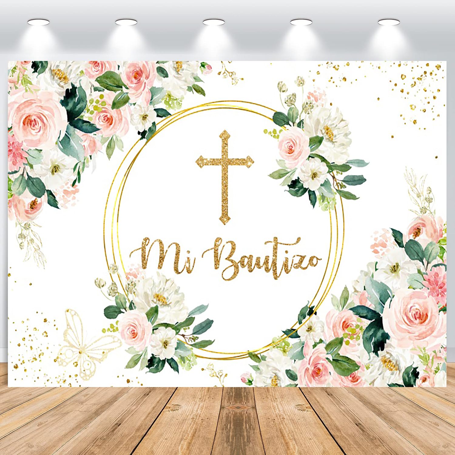 ASDCXZ Mi Bautizo Backdrop 7x5FT, Rose White Flowers Green Leaves First Holy Communion Photography Backdrop, Vinyl Communion Baptism Baby Shower Party Foto Backdrop Photo Shoot Props