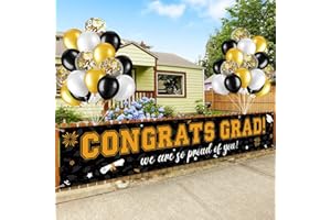 RAGNHILD 37Pcs Graduation Banner Balloon Decorations Class of 2025, Congrats Grad Banner Yard Outdoor Decorations, Graduation Balloons Banner Set for High School College Graduation Party Supplies, Black & Gold