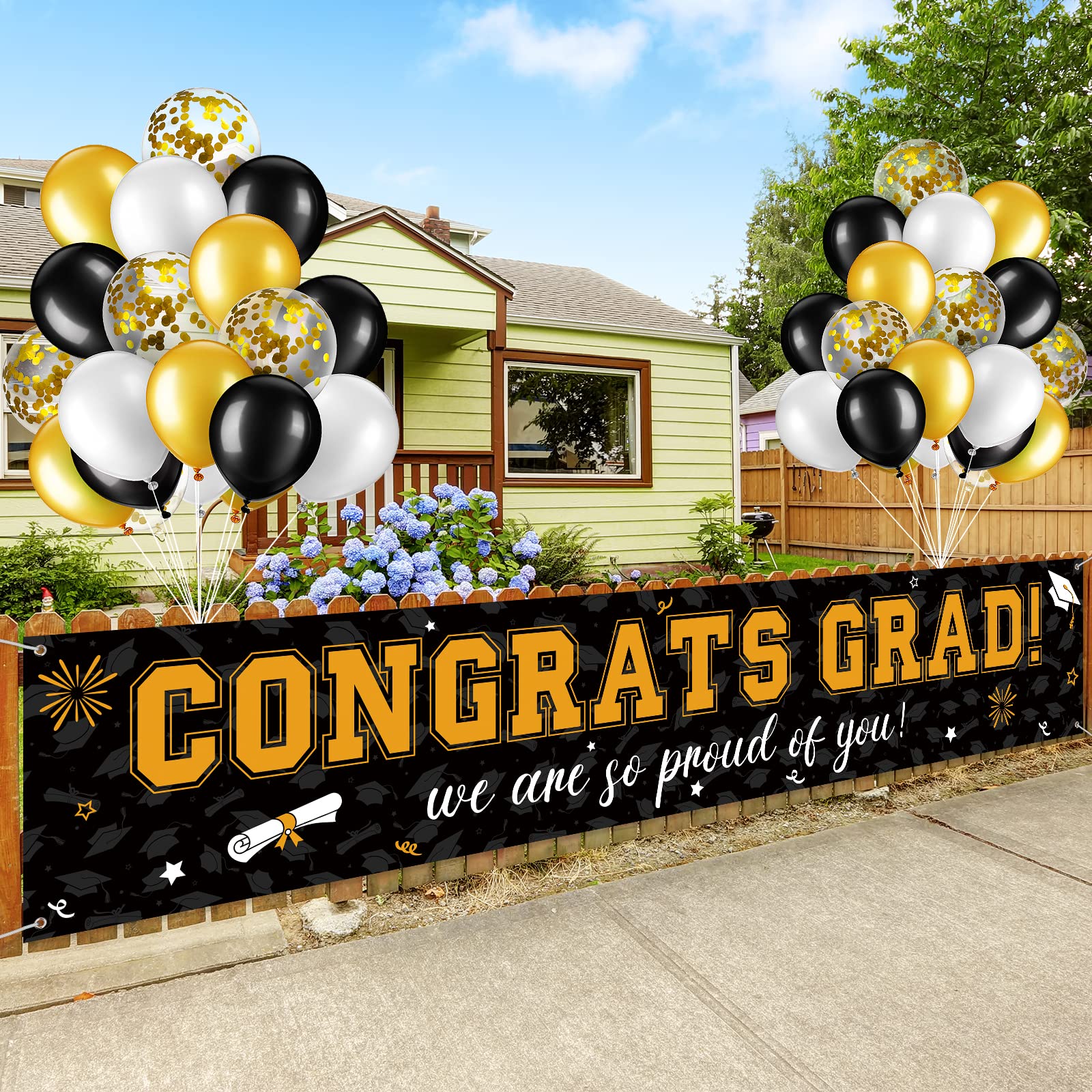 Photo 1 of 37Pcs Graduation Banner Balloon Decorations Class of 2025, Congrats Grad Banner Yard Outdoor Decorations, Graduation Balloons Banner Set for High School College Graduation Party Supplies, Black & Gold
