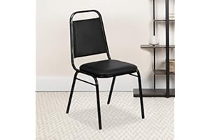 EMMA + OLIVER Trapezoidal Back Vinyl Stackable Banquet Chair, Multipurpose Stacking Chair with Padded Seat and Back, Black
